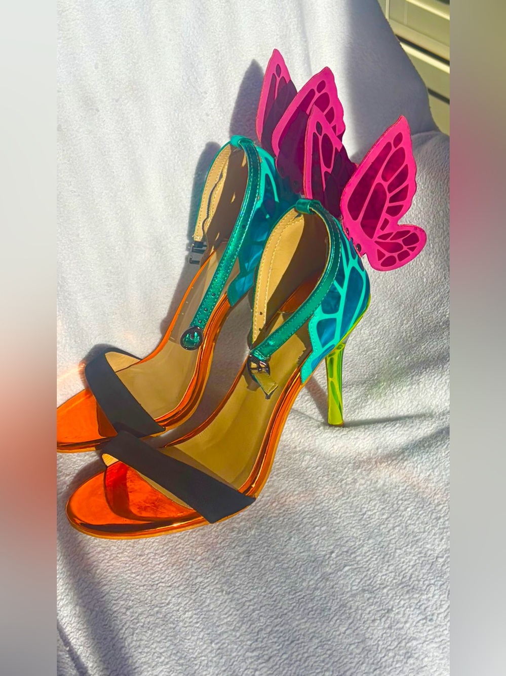 Butterfly Wing Stiletto Heels in Pink, Teal & Orange